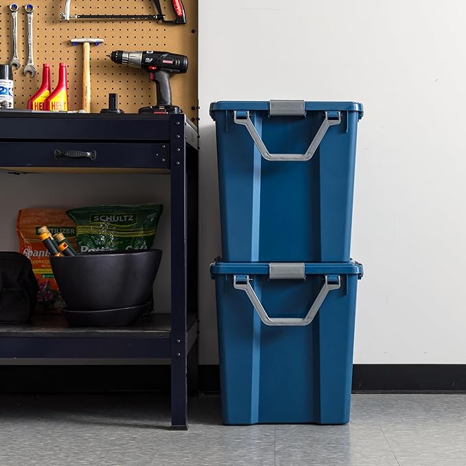 IRIS USA WeatherPro 103 Qt Eco-Friendly Storage Bins with Lids, 2 Pack, BPA-Free Plastic Gasket Box with Tight Latch and Seal, Stackable Nestable Tote Tub - Navy