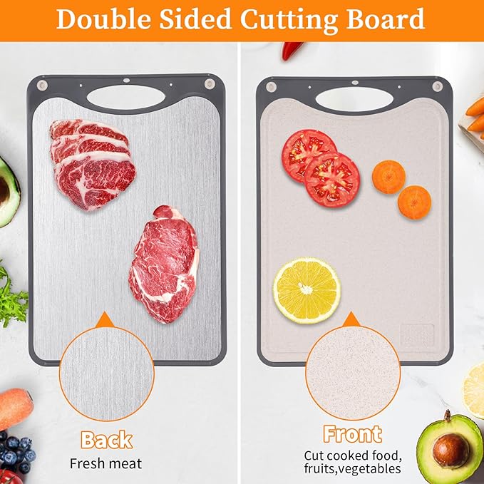 EFOWHEIF Titanium Cutting Boards, Double Sided Cutting Board For Kitchen,Food Grade Titanium And Wheat Straw PP, Large Size 15”×10”And Easy To Clean, Dark Gray
