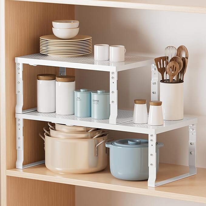 Asiingkel Metal Stackable Expandable Storage Shelf - Multi-Functional Home Storage Shelf, Suitable for Kitchen, Cabinet，Bathroom, Office, Garage, etc.（1PACK/White/Large