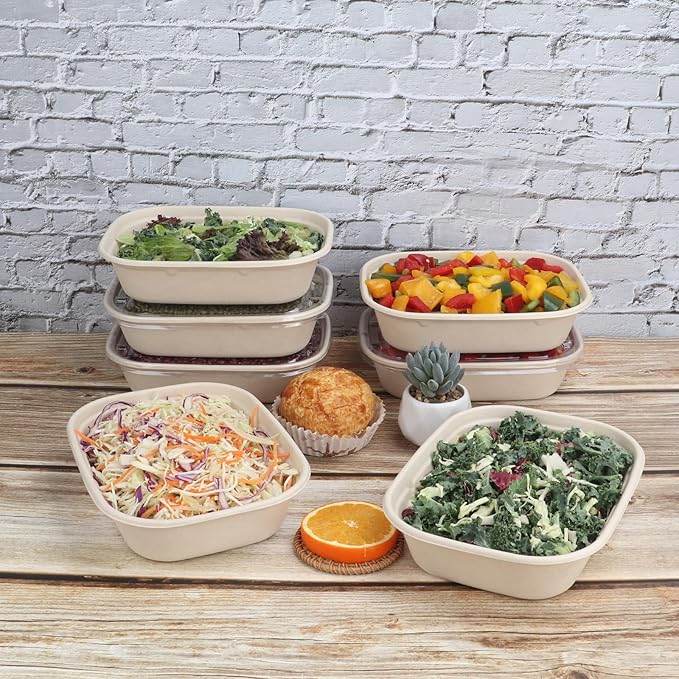 JAYEEY 35 oz Disposable salad bowls with lids, Sugarcane Fiber Paper Bowls take away food containers meal prep Plant Fiber deli container 50 Pack