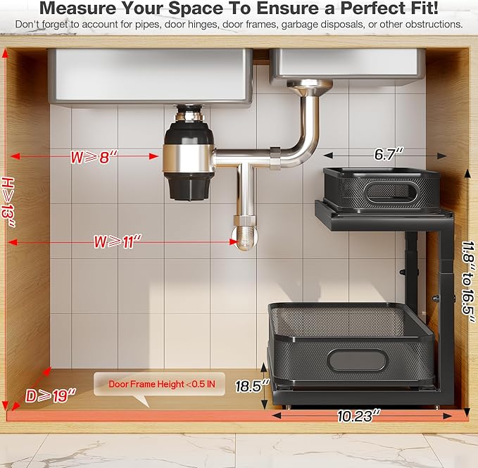 Biboraya 2-Pack 18.5 IN Depth Under Sink Organizer With Next-Gen Ball-Bearing Slides,Sophisticated Mesh 2-Tier Pull Out Shelf for Kitchen & Bathroom,Fits Small Items-Black