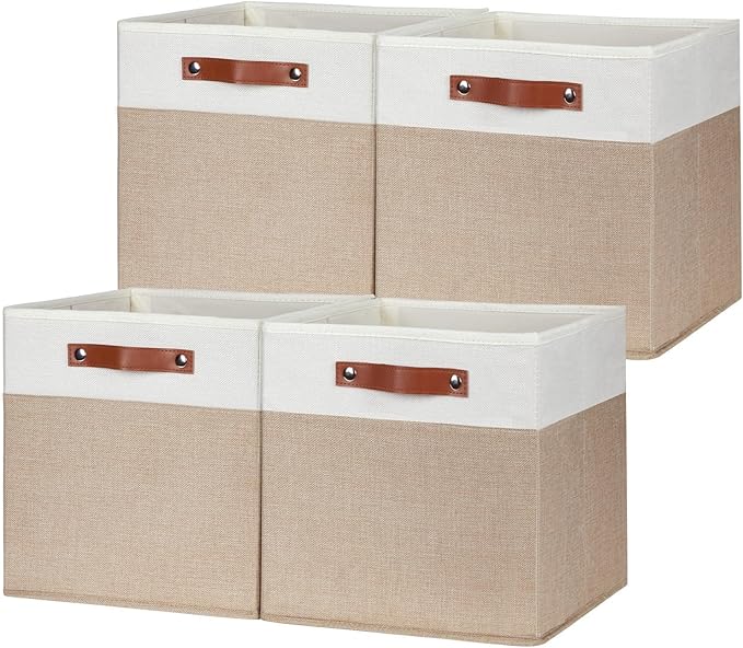HNZIGE Fabric Cloth Storage Bins for Cube Organizers, Set of 4 Fabric Foldable Canvas Storage Bins for Shelves, Toy Nursery Closet Bedroom(Beige&White)