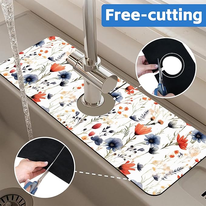 Watercolor Red and Blue Flowers Sink Faucet Absorbing Mat Sink Splash Guard Faucet Mat Draining Mat Fast Drying Sink Protectors for Kitchen and Bathroom 5.5"×15"