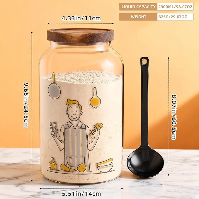 2ps Large Glass Storage jars, Flour Jars, With Airtight Bamboo Lids, Perfect For Kitchen Corners, Suitable For Storing Sugar, Coffee, Rice, and Nuts (95 FL OZ/2800 ml)