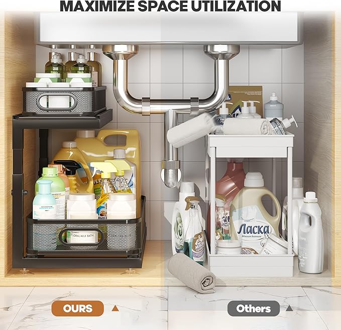 Biboraya 2-Pack 18.5 IN Depth Under Sink Organizer With Next-Gen Ball-Bearing Slides,Sophisticated Mesh 2-Tier Pull Out Shelf for Kitchen & Bathroom,Fits Small Items-Black