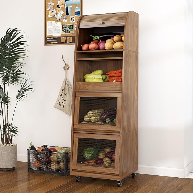 4 Tier Large Potato Storage Bin, Tall Wood Potato and Onion Storage Bin with Wheel, Movable Fruit and Vegetable Basket, Food Small Kitchen Pantry Cabinet, Wooden Bread Box, Walnut, Sliding Door