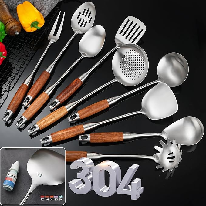 NIITAWH Stainless Steel Kitchen Utensils 12.5"-14" Wooden Handle Metal Cooking Utensils Set 9 PCS, Solid and Slotted Spoon, Fork, Spatula, Ladle, Skimmer, Slotted Tunner, Spaghetti Large Spoon