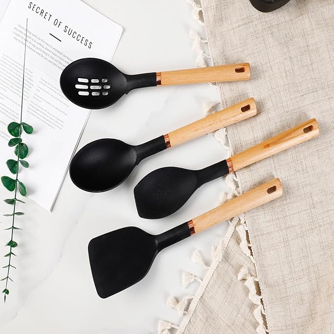 Jiufei Home Silicone Cooking Utensils Set, Kitchen Utensils Set 13 Pcs for cooking, BPA Free Spatula Set with Heat Resistant Wood Handles for Nonstick Cookware (Black)
