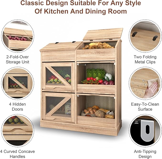 Potato Storage Bin Bread Box W/Lid,Rustic Onion&Fruit Organizer with Wood Hidden Door,Farmhouse Grocery Section Decorative,Vegetable Organization Cabinet W/Mesh Door for Kitchen Dining Room(Natural)