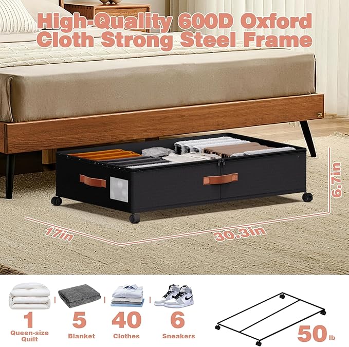 Under Bed Storage with Wheels - Rolling Underbed Containers with PVC Clear Lid & Dividers, 600D Oxford Fabric, PU Leather Handles, Adjustable Magic Tape Partition, XXL 66L, 1P (Black)