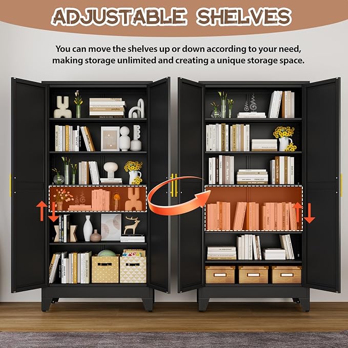 Tall Metal Kitchen Pantry Storage Cabinet with 2 Doors and 5 Adjustable Shelves - 75.2" Kitchen Cabinet with Gold Handles for Kitchen, Bathroom, Dining Room, Living Room - Black