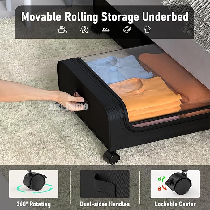 Under Bed Storage with Wheels,2 Pack Rolling Under bed Organizer Drawer with Clear Lids and Handles,UnderBed Storage Containers,Under Bed Organizer Bins for Clothes (Arc-shaped,Gray)