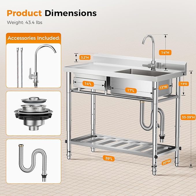 4-Height Adjustable 39" Utility Sink 18/8 Stainless Steel, 400lb Capacity & Storage Drawer, Freestanding Laundry Sink Workstation for Garage, Kitchen, RV, Basement