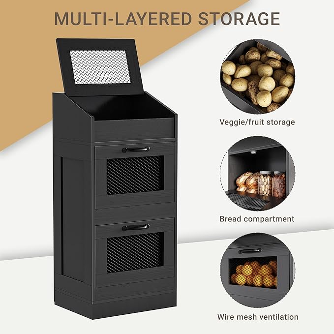Potato Storage Bin with Lid, Rustic WoodenOnion Storage Bin, Bread Box for Kitchen, Kitchen Decorative Vegetable Storage Cabinet, Black HPC001BK