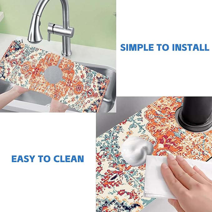 Oriental Turkish Carpet Pattern Red Dish Drying Mat for Kitchen Sink Splash Guard Behind Faucet Sink Mat Absorbent Fast Drying Faucet Draining Mat for Bathroom Kitchen 5.5"×15"
