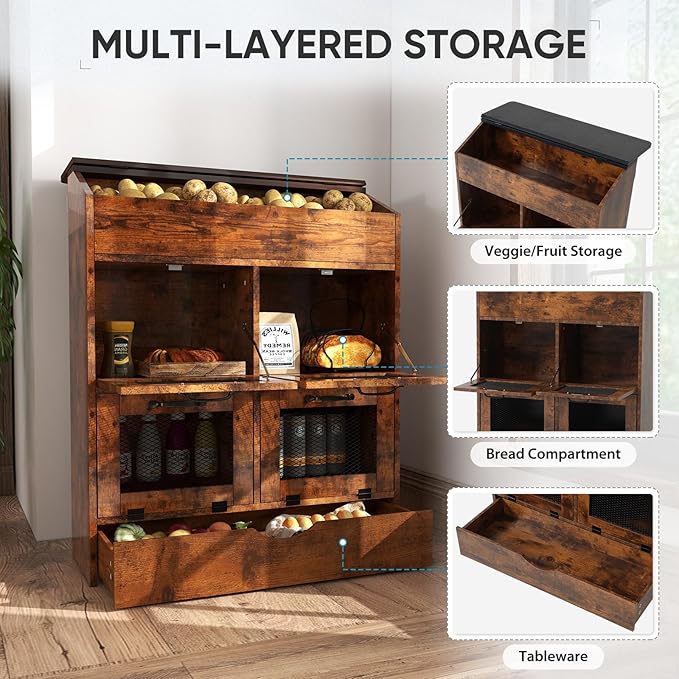 Verano Garden Large Potato Storage Bin, Wooden Bread Box with Lid, Potato and Onion Storage Bin with 4 Mesh Doors & Removable Drawer, Kitchen Fruit and Vegetable Storage Cabinet(Rustic Brown, 31.5")