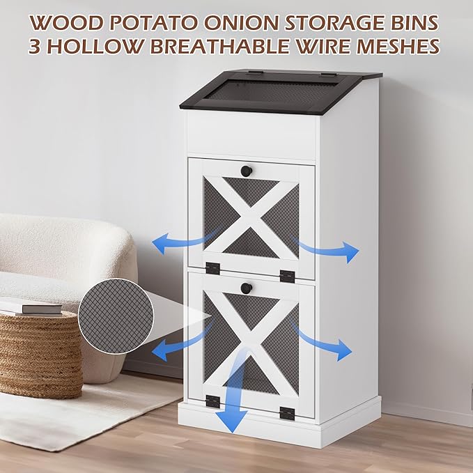 Wooden Potato and Onion Storage Bin w/Lid, Large Capacity and Ventilated Design, Ideal for Pantry, Kitchen White