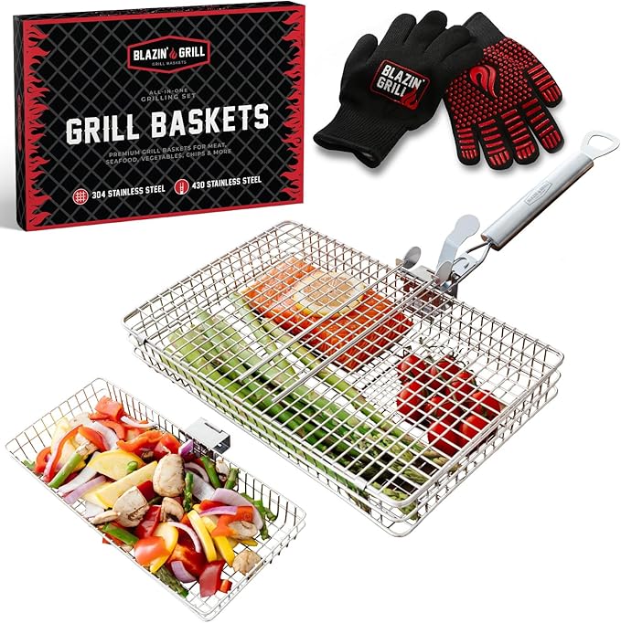 Blazin' Grill Grill Baskets for Outdoor Grill | 2 Grilling Baskets with Detachable Handle | Barbecue Grill Set with BBQ Gloves | Portable Camping Net Rack Perfect for Vegetables, Seafood & Meat