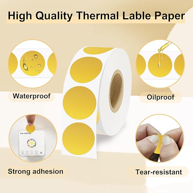 1 Inch Round Thermal Sticker Labels,Color Dot Stickers,Label Stickers,Waterproof,Oil Proof,for Thermal Printers,DIY,Office,Retail,Home and Warehouse Organization,1000 Pcs Gold