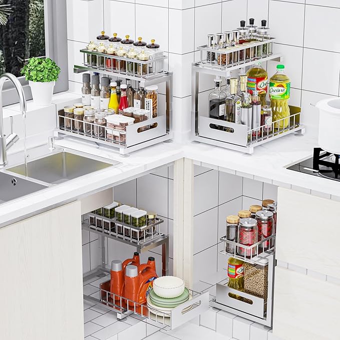 Toyear Under Sink Organizer, Heavy Duty Metal Pull Out Cabinet Organizer Slide Out Sink Shelf Organizer Height Adjustable, Multi-Purpose Storage Shelf for Kitchen Bathroom(Sliver,2Pack)