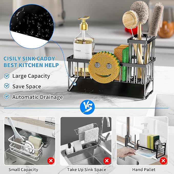Cisily Kitchen Sink Caddy Organzier with High Brush Holder, Sponge Holder for Sink, 304 Rustproof Stainless, Kitchen Countertop Soap Dispenser Organizer (Black With Smiley Face Holder, 9.25″)