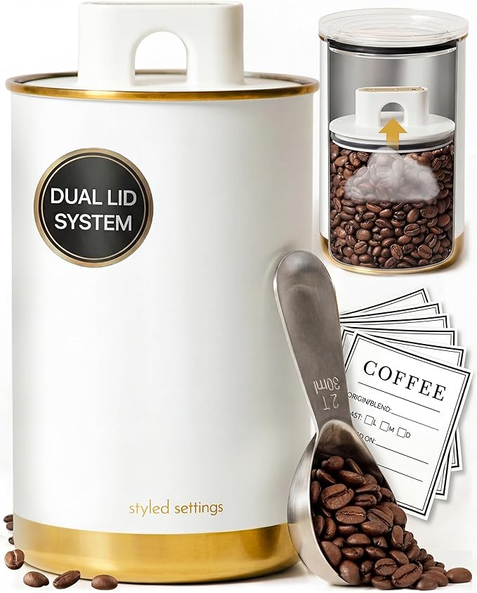 STYLED SETTINGS Vacuum Coffee Canister with Airtight Lid – Dual-Lid Airtight Coffee Canister with Scoop and Label for Beans and Grounds, Food Storage Container -White and Gold Kitchen Accessories