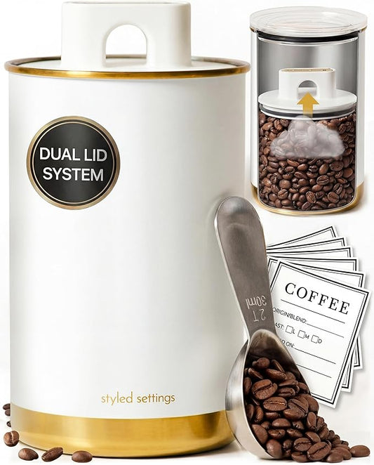 STYLED SETTINGS Vacuum Coffee Canister with Airtight Lid – Dual-Lid Airtight Coffee Canister with Scoop and Label for Beans and Grounds, Food Storage Container -White and Gold Kitchen Accessories
