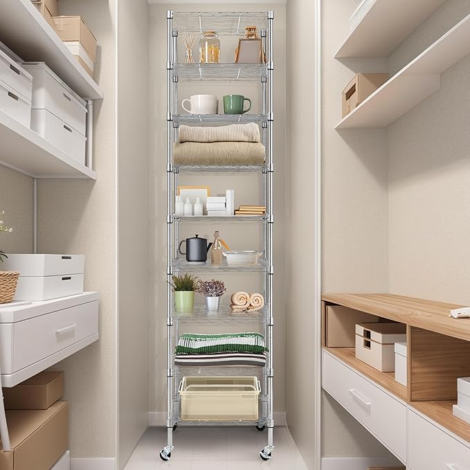 Finnhomy Heavy Duty 9 Tier Wire Shelving with Wheels 18x18x79-inches 9 Shelves Metal Storage Rack Thicken Steel Tube, Pantry Shelves for Storage, Adjustable Shelving Unit, NSF Certified, Chrome