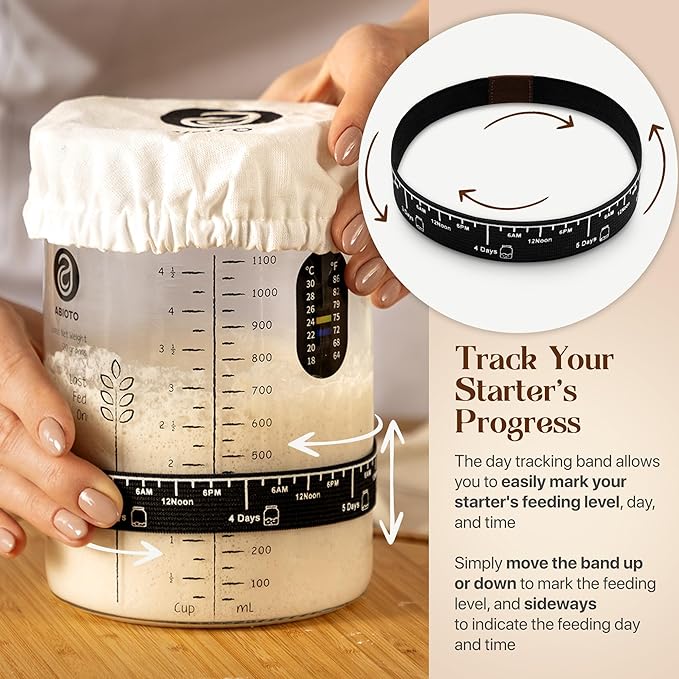 Sourdough Starter Kit with 40 oz Glass Jar – Extra Thermometer Strips and Breathable Covers Included in Sourdough Starter Jar Kit – A Perfect Sourdough Bread Starter Kit for Beginners to Expert