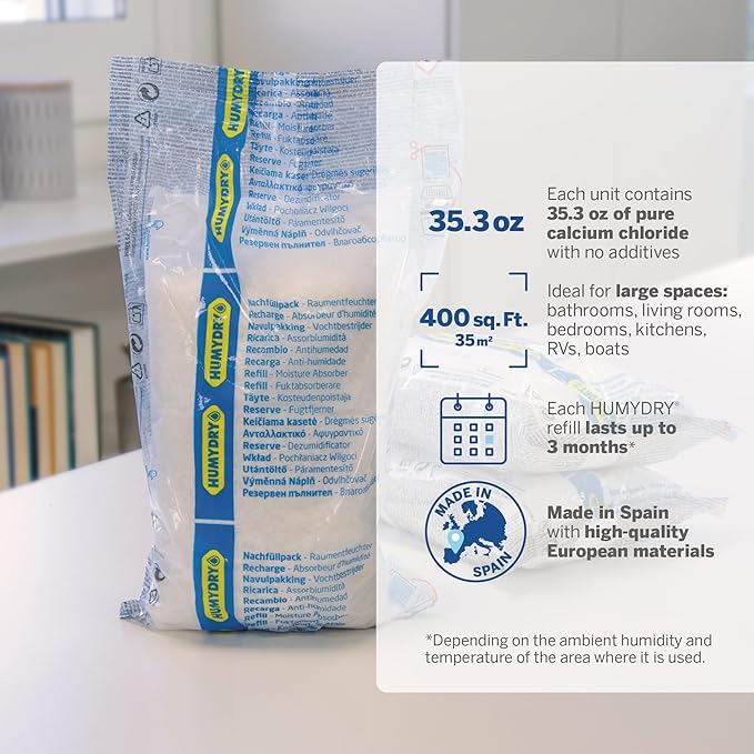 HUMYDRY Moisture Absorber Refills for 35.3 Oz Dehumidifier Device, Pack of 3 Unscented Humidity Absorber Bags, Non Electric Refill Pouches For Basements Garages Offices RVs and Large Enclosed Spaces