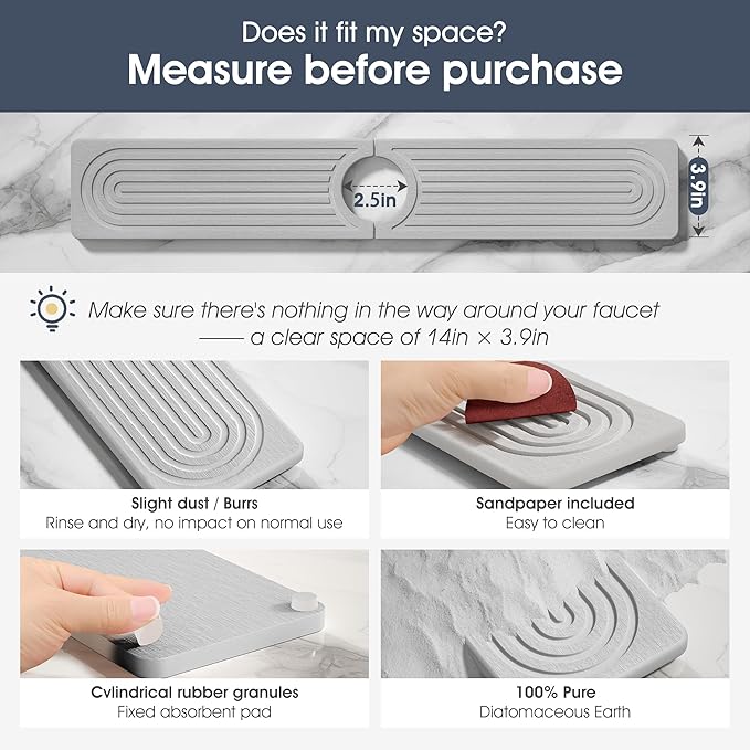 Quick Drying Stone Faucet Mat for Kitchen Sink - Diatomite Sink Mat Absorbing Stone Tray for Bathroom Counter, Sink Faucet Splash Guard Water Protector Matt for Kitchen Counter(Light Gray, 14" x 3.9")