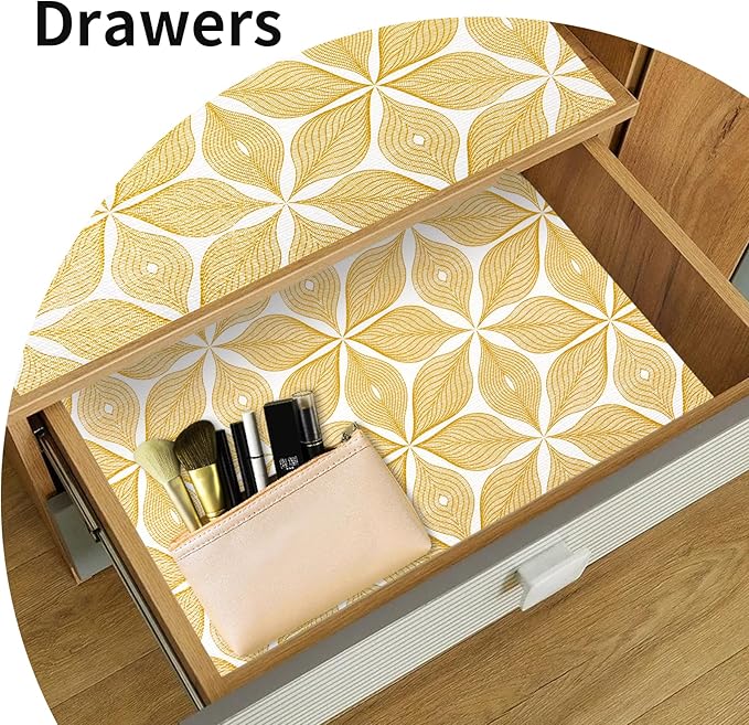 Shelf Liners for Kitchen Cabinets 12in x 30FT, Non Adhesive Cabinet Liner Strong Non-Slip Golden Leaf Drawer Liner, Easy to Clean for Shelf, Cabinet with Knife and Tape Measure