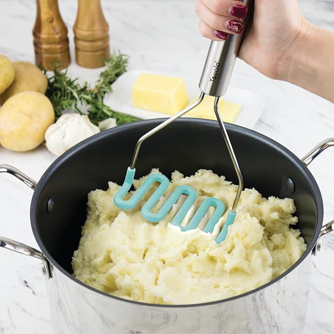 Tovolo Silicone Cooking Utensil Set of 6 Aqua Seafoam Green Ladle Slotted Turner Tongs Flex Core Spatula Scraper Mixing Spoon and Potato Masher, Dishwasher Safe Non Toxic BPA Free Kitchen Utensils