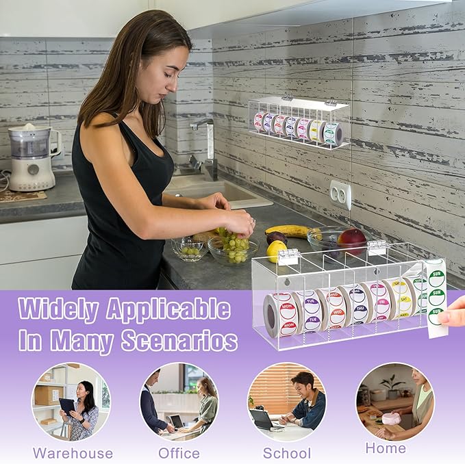 3500 PCS 7 Days of The Week Stickers 1 Inch Sticker Roll Dispenser Holder Acrylic Day Dot Dispenser Food Date Labels Stickers Monday to Sunday for Kitchen Restaurant Expiration Date