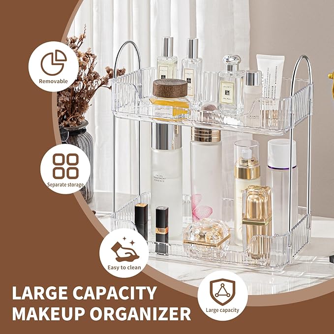 Clear 2-Tier Vanity Organizer - Countertop Shelf for Bathroom Cosmetics, Toiletries, Lotions, Perfumes