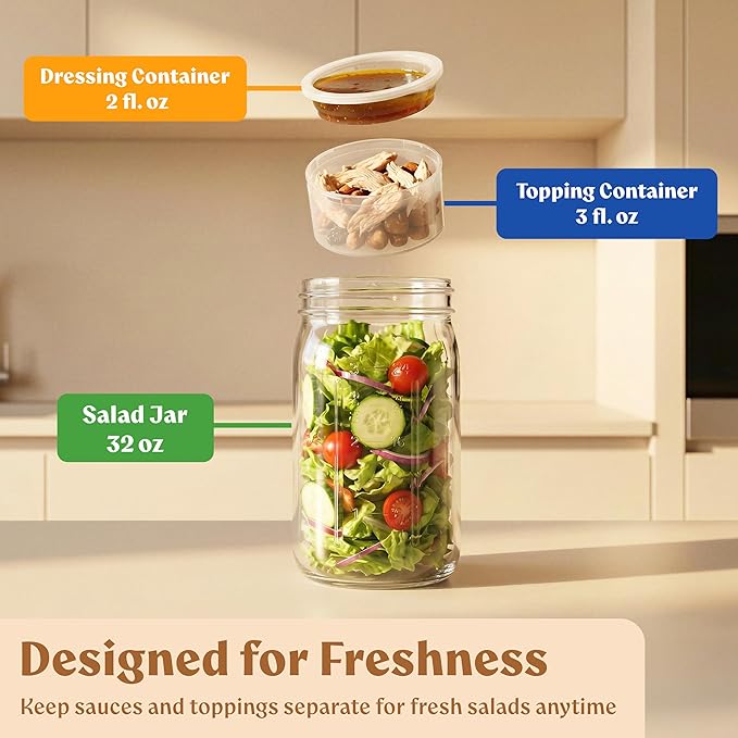 4 Pack Glass Salad Jars with Lids for Meal Prep, Leakproof Container with Two Small Built in Cups for Wet/Dry Separation for Salad Dressing and Ingredients, 32oz Mason Jars (Brown/Beige)