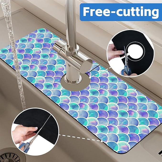 Watercolor Rainbow Scales Sink Faucet Absorbing Mat Sink Splash Guard Faucet Mat Draining Mat Fast Drying Sink Protectors for Kitchen and Bathroom 5.5"×15"