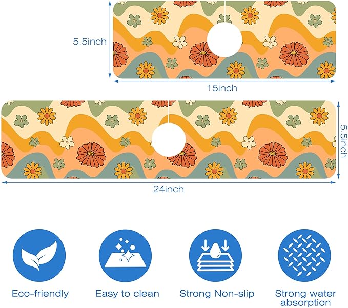 70s Groovy Flowers Sink Faucet Absorbing Mat Retro Waveas Splash Guard Behind Faucet Sink Mat Absorbent Fast Drying Faucet Draining Mat for Bathroom Kitchen 5.5"×24"
