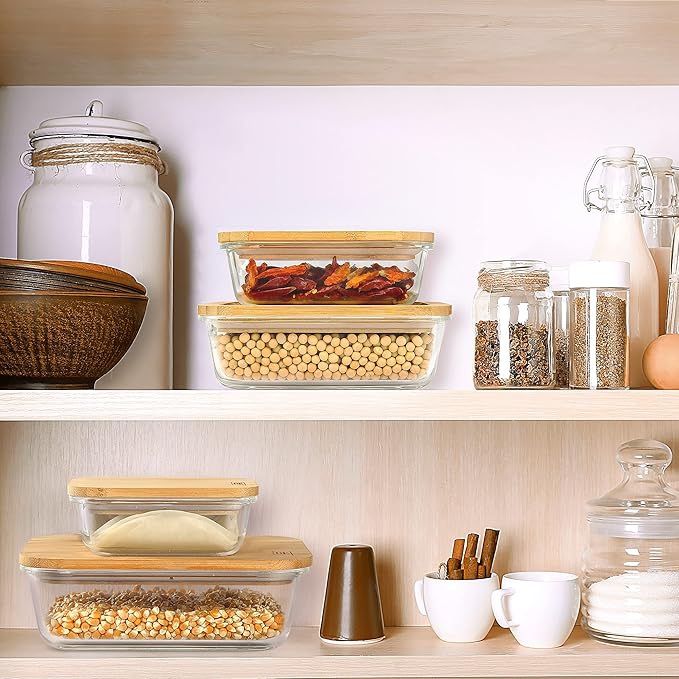 DE Glass Food Storage Containers with Bamboo Lids – 4 Pack (12oz/21oz/35oz/51oz) – BPA-Free Borosilicate Glass Meal Prep Boxes – Oven, Microwave, Freezer Safe – Stackable & Airtight