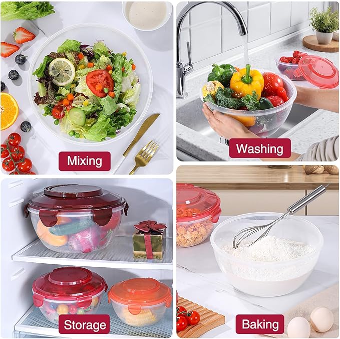 LUXEAR 4-Piece Mixing Bowls with Lids Set - Airtight Leakproof Storage Bowls with Handle for Fridge & Outdoor Picnics, BPA-Free Meal Prep Bowls Dishwasher Safe for Cooking Mixing Serving Storing