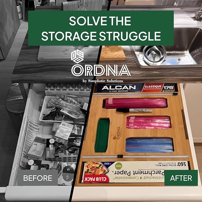 Ordna 6 IN 1 Bamboo Baggie Organizer for Drawer, Storage Bag Organizer Kitchen Drawer for Foil, Aluminum, Saran Wrap, Compatible with Quart, Gallon, Sandwich and Snack Size Bags