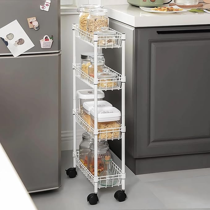 NSF white 4-layer storage rack, refrigerator crevice rack, washing machine crevice rack, laundry room dirty clothes storage, multifunctional household epoxy resin deep mesh basket