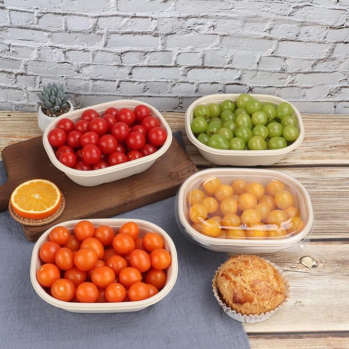 JAYEEY 25 oz Disposable salad bowls with lids, Sugarcane Fiber Paper Bowls take away Bagasse food containers meal prep deli container 50 Pack