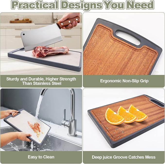 Titanium Cutting Boards for Kitchen, 2-in-1 Double-Sided Wood Cutting Board with Juice Groove, Food-Grade GR1 Titanium & Ebony, Easy to Clean and Dishwasher Safe for Meat & Veggies