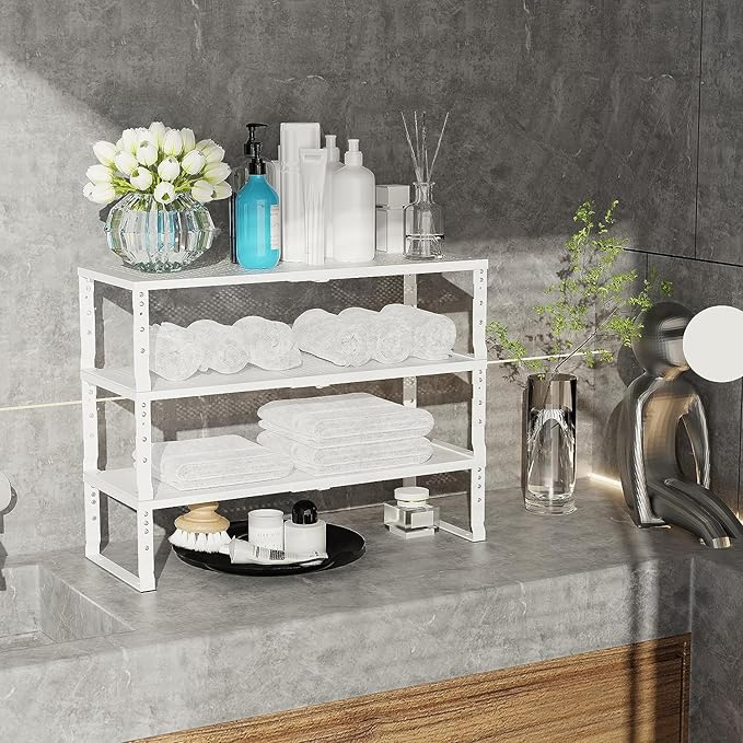 Jojocross Expandable Cabinet Shelf Organizer Storage Spice Rack Shelves for Kitchen Stackable Adjustable Pantry Cupboard Bathroom Countertop Desktop(2Packs/White/Large-with Hole)