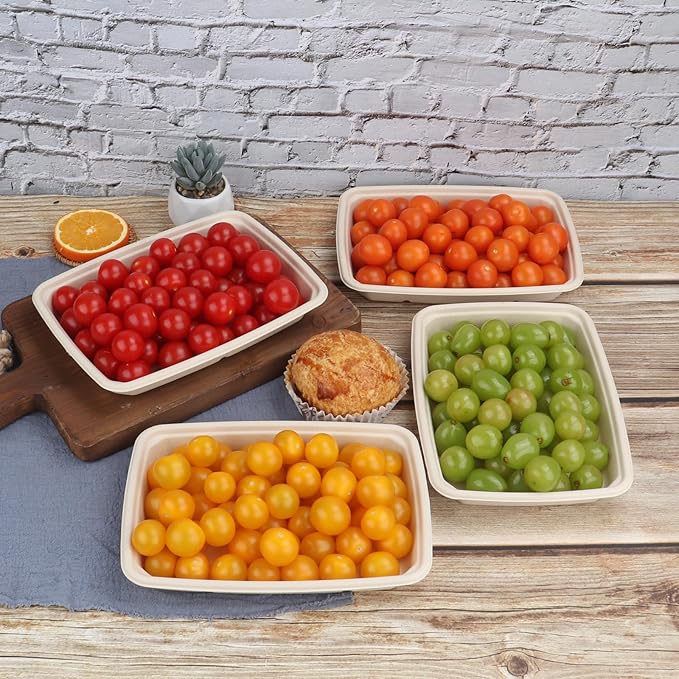 JAYEEY 20 oz Rectangle Disposable bowls with lids,Sugarcane Fibers Bowls take away food containers Plant Fibers Freezer Safe 50 Pack