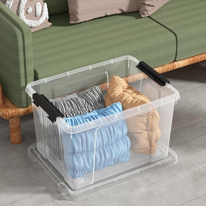 Morcte 4-Pack Clear Plastic Storage Box with Lid and Wheel, 50 L Large Plastic Storage Boxes