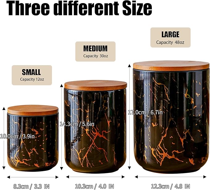 Ceramic Canister Set of 3 for Kitchen Countertop Storage, Black Food Storage Containers Jars with Airtight Wood Lids for Flour, Sugar, Coffee, Tea & Spices, Modern Countertop Decor