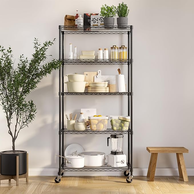 Seville Classics UltraDurable Heavy Duty NSF Solid Steel Wire Rack Storage Unit, Organizer for Garage, Warehouse, Office, Restaurant, Classroom, Kitchen, Black, 5-Tier Shelving, 36" W x 14" D