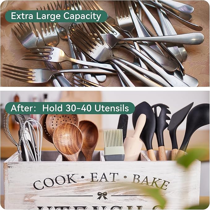 WDT Tool Utensil holder for Kitchen Counter Large Round Utensils Holder with Wooden Base Matte Black Cooking Utensil Holder，Kitchen countertop Utensil Organize (White-4 Compartments)